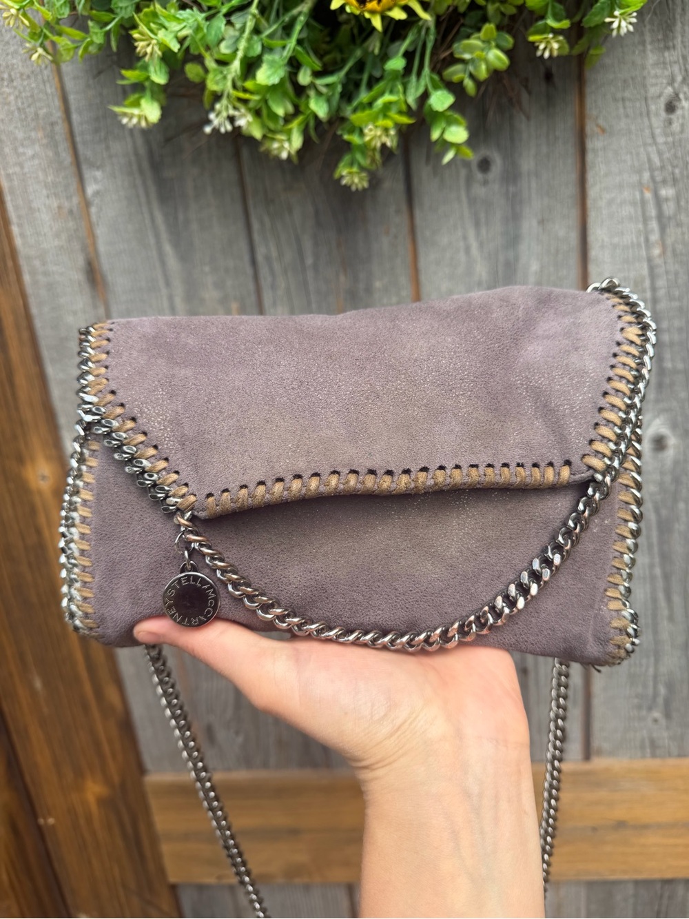 Stella McCartney Lavender-Grey Suede Chain-Trim Foldover Crossbody